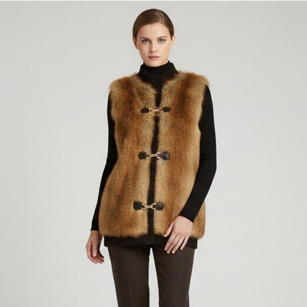MICHAEL KORS Women's Faux Fur Sweater Vest Gold Buckle Closures Size M